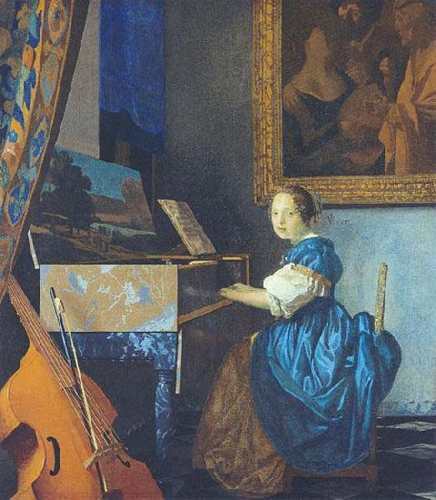 Johannes Vermeer A Young Woman Seated at the Virginal with a painting of Dirck van Baburen in the background oil painting image